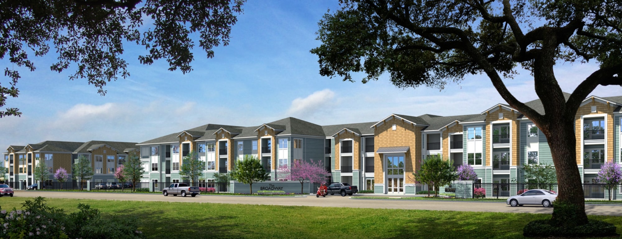 Rendering of brick affordable housing buildings with blue siding